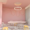 Soft Pink Modern Dessert Shop Interior With Round Tables And Yellow Window Curtains