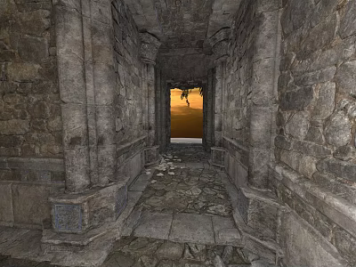 Ancient Stone Corridor With Rough Walls And Stone Floor Leading To Sunset View 3d model