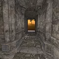 Ancient Stone Corridor With Rough Walls And Stone Floor Leading To Sunset View