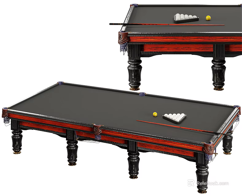 Wooden Billiard Tables Sports Equipment with Balls Cue Sticks and Triangle Rack Design 3d model 
