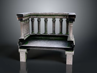 Classical Stone Garden Bench Featuring Ornate Baluster Railing And Solid Base 3d model