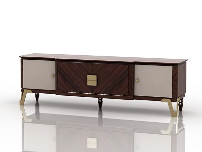Modern Dark Wood TV Stand With Geometric Panel Light Doors And Golden Metal Legs 3d model