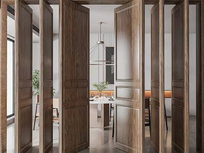 Modern Minimalist Interior Wooden Folding Doors Dining Area White Table Vase Chandelier 3d model