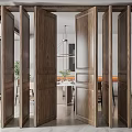 Modern Minimalist Interior Wooden Folding Doors Dining Area White Table Vase Chandelier