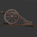 Ancient Cannon Model With Wooden Wheels Iron Barrel And Cannonballs On Brown Base