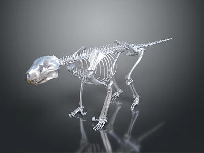 Silver Dinosaur Skeleton Display With Reflective Surface And Detailed Bone Structure 3d model