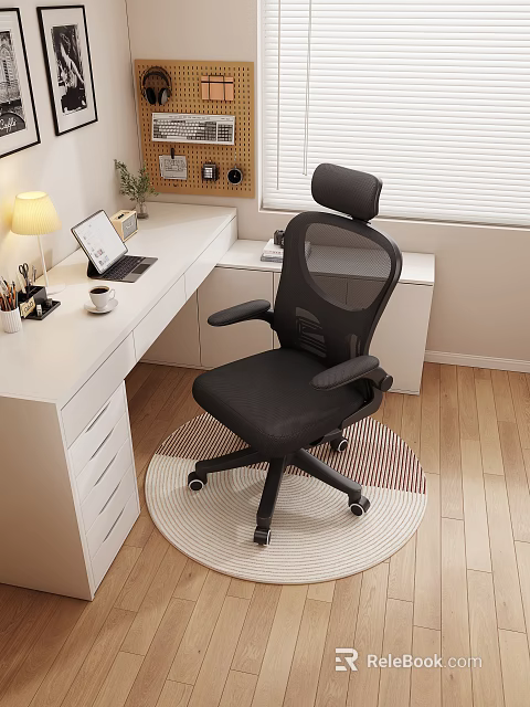 Black Mesh Office Chair With Headrest For Home Office Desk And Round Rug 3d model 