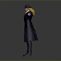 Human Character In Dark Blue Coat Purple Vest Red Tie Arms Outstretched With Small Hat Nearby