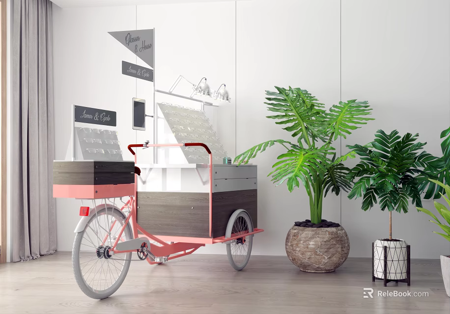 Pink And Gray Three Wheeled Utility Cart With Green Plants In Indoor Space 3d model 