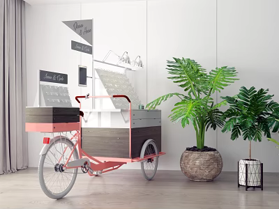 Pink And Gray Three Wheeled Utility Cart With Green Plants In Indoor Space 3d model