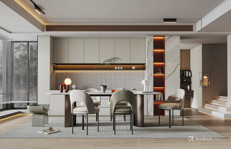 Modern Restaurant Interior Design With Dining Table Chairs Marble Lighting And Plant 3d model