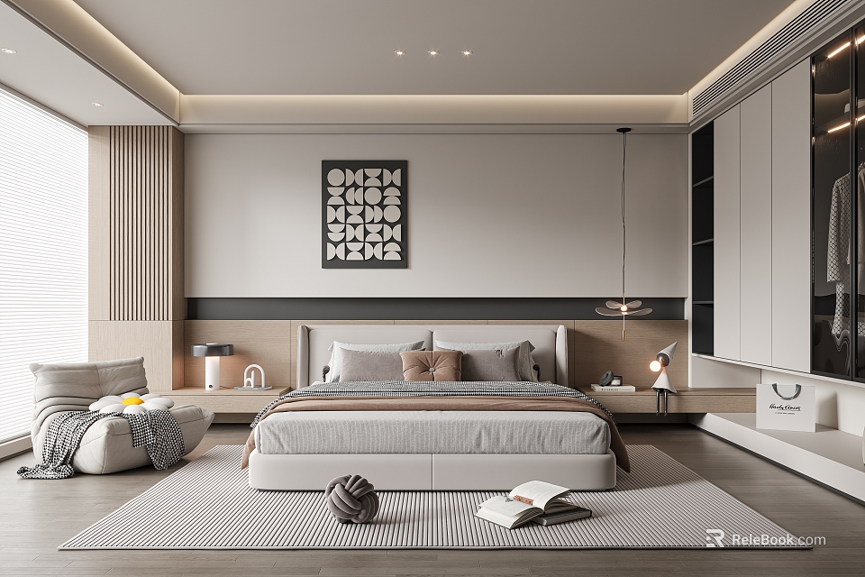 Modern Minimalist Bedroom Interior With Bed Nightstands Artwork Wardrobe Pendant Light And Rug 3d model 