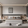 Modern Minimalist Bedroom Interior With Bed Nightstands Artwork Wardrobe Pendant Light And Rug