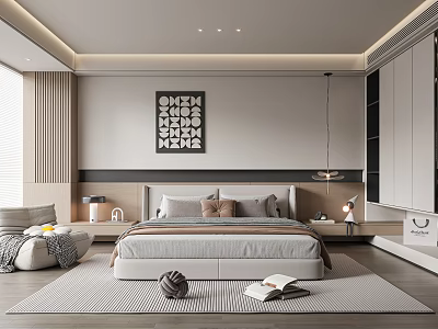 Modern Minimalist Bedroom Interior With Bed Nightstands Artwork Wardrobe Pendant Light And Rug 3d model
