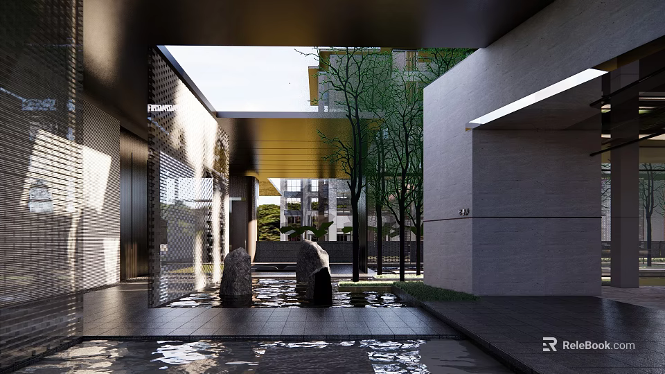Modern Pergola Outdoor Space With Water Feature Stones Trees And Modern Buildings 3d model 