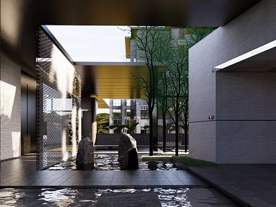 Modern Pergola Outdoor Space With Water Feature Stones Trees And Modern Buildings 3d model