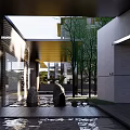 Modern Pergola Outdoor Space With Water Feature Stones Trees And Modern Buildings