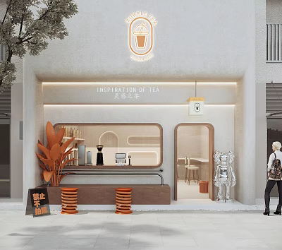 Modern Tea Cafe Storefront With White Facade Logo Lighting And Orange Stools Plants Window 3d model