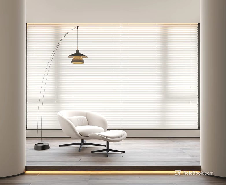 Modern Minimalist Interior With White Venetian Blinds Comfortable Armchair And Floor Lamp 3d model 