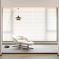 Modern Minimalist Interior With White Venetian Blinds Comfortable Armchair And Floor Lamp