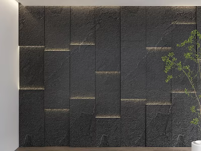 Modern Black Stone Wall Panels With LED Strip Lighting And Green Plant Decor 3d model