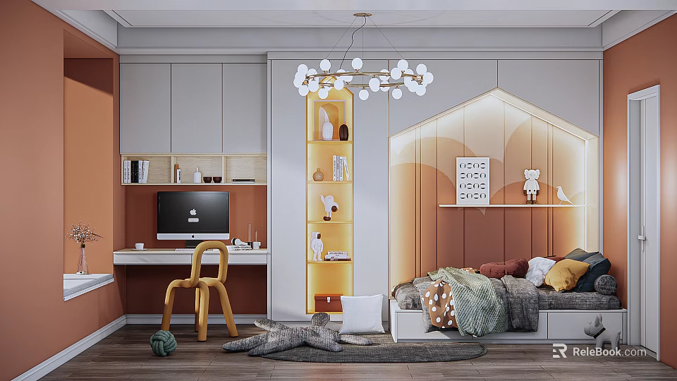 Kids Room With White Chandelier Orange White Walls Desk Chair Cozy Bed And Soft Rug 3d model 