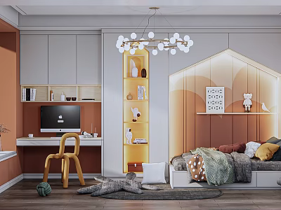 Kids Room With White Chandelier Orange White Walls Desk Chair Cozy Bed And Soft Rug 3d model