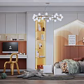 Kids Room With White Chandelier Orange White Walls Desk Chair Cozy Bed And Soft Rug