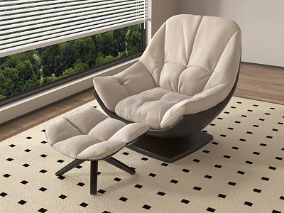 Modern Beige Padded Lounge Chair With Ottoman On Area Rug By Window With Greenery View 3d model