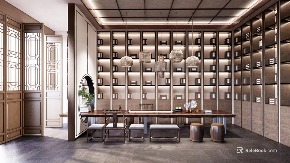 Traditional Chinese Tea Room Interior With Wall Bookshelves Hanging Chandeliers And Long Wooden Table 3d model 