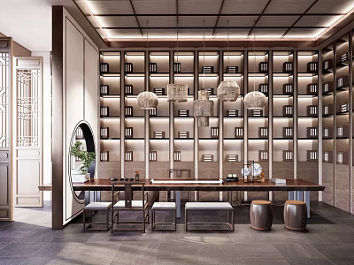 Traditional Chinese Tea Room Interior With Wall Bookshelves Hanging Chandeliers And Long Wooden Table 3d model