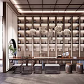 Traditional Chinese Tea Room Interior With Wall Bookshelves Hanging Chandeliers And Long Wooden Table