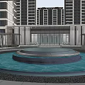 Modern High Rise Residential Community Entrance With Green Belt And Buildings
