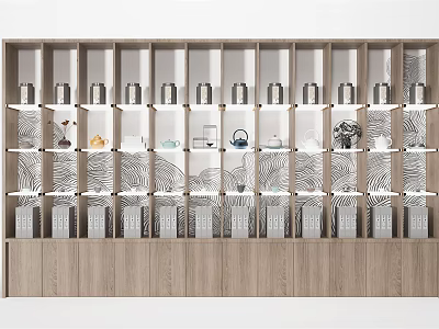 Modern Wooden Decorative Cabinet with Multiple Shelves and Decorative Items on 3d model