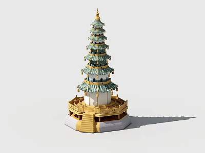 Traditional Chinese Multi Tiered Tower With Green Roof Golden Decoration And Stone Steps 3d model