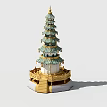 Traditional Chinese Multi Tiered Tower With Green Roof Golden Decoration And Stone Steps