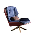 Modern Blue Lounge Chair With Red Trim And Brown Diamond Patterned Pillow On Wooden Base