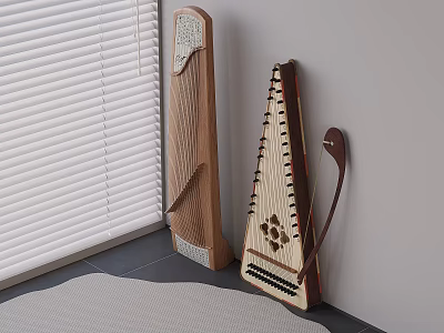 Wooden Musical Harps Leaning Against Wall With Window Blinds And Gray Floor Rug 3d model