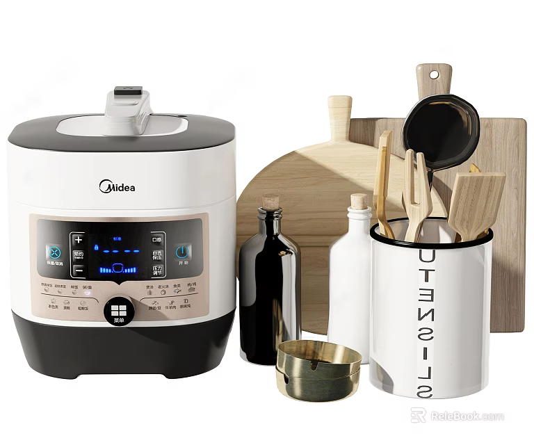 Practical Kitchen Utensils with Electric Pressure Cooker Wooden Cutting Board Spatulas and Utensil Holder 3d model 