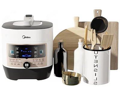 Practical Kitchen Utensils with Electric Pressure Cooker Wooden Cutting Board Spatulas and Utensil Holder 3d model