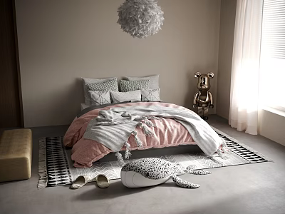 Cozy Double Bed Bedding Setup With Pink Gray Quilt Gray Pillows And Stuffed Turtle Toy 3d model