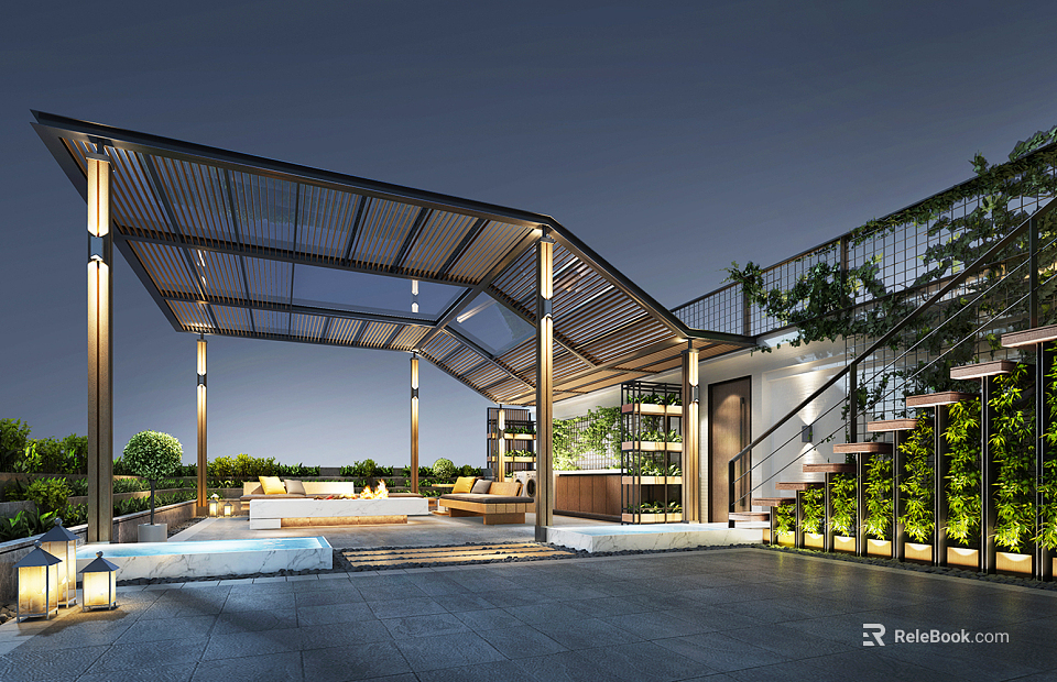 Modern Villa Balcony With Glass Canopy Outdoor Sofa Green Plants And Staircase Lighting 3d model 