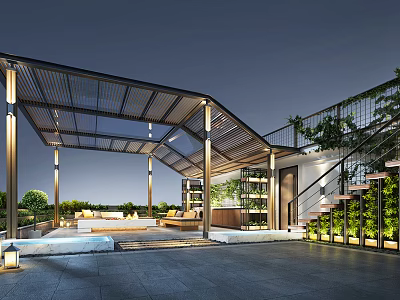 Modern Villa Balcony With Glass Canopy Outdoor Sofa Green Plants And Staircase Lighting 3d model