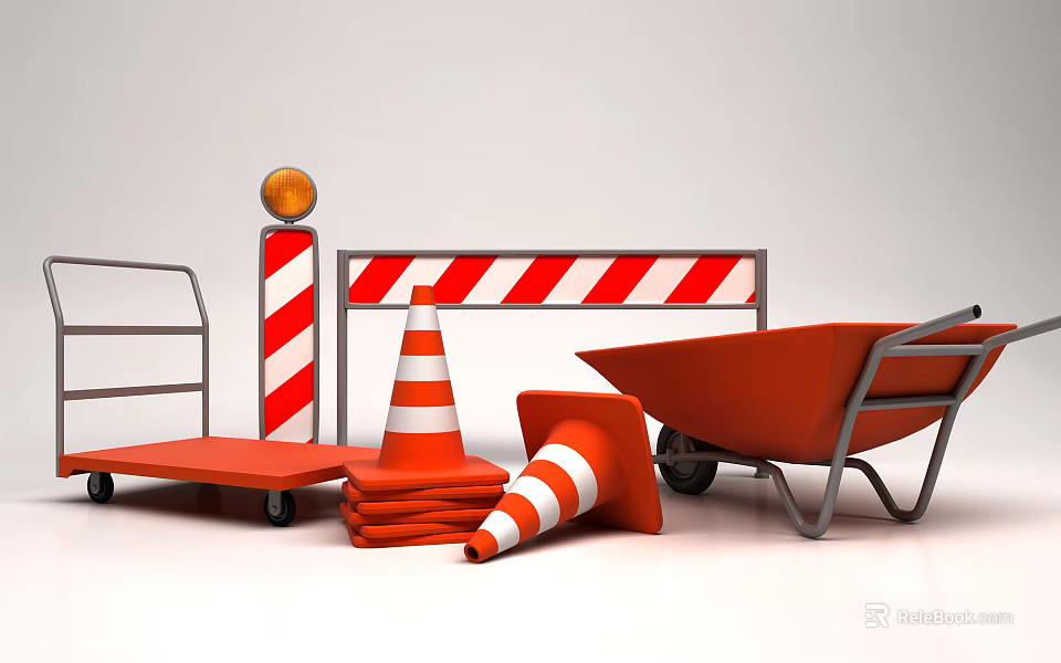 Construction Safety Equipment With Orange Traffic Cones Wheelbarrow Warning Barrier And Light 3d model 