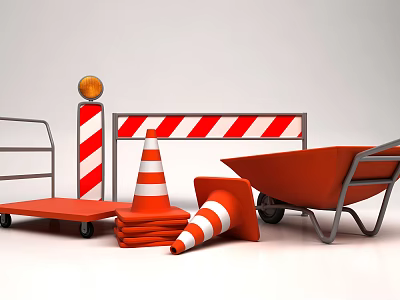 Construction Safety Equipment With Orange Traffic Cones Wheelbarrow Warning Barrier And Light 3d model