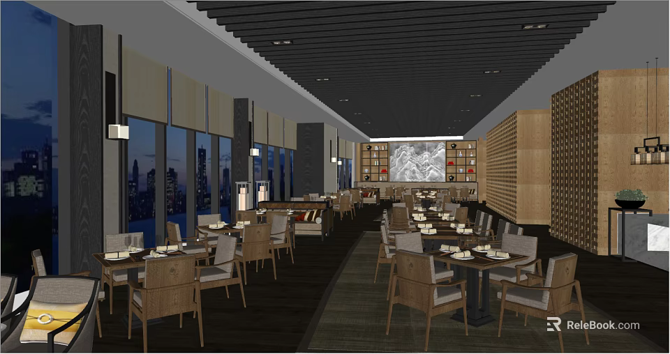 Elegant Restaurant Interior With Large Windows City Views Dining Tables And Wooden Decor 3d model 