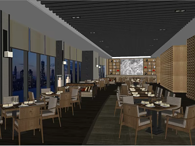 Elegant Restaurant Interior With Large Windows City Views Dining Tables And Wooden Decor 3d model