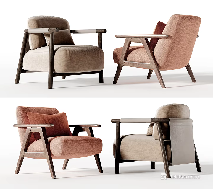 Stylish Comfortable Lounge Chairs With Fabric Upholstery Wooden Arms And Neutral Tones 3d model 