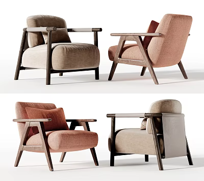 Stylish Comfortable Lounge Chairs With Fabric Upholstery Wooden Arms And Neutral Tones 3d model