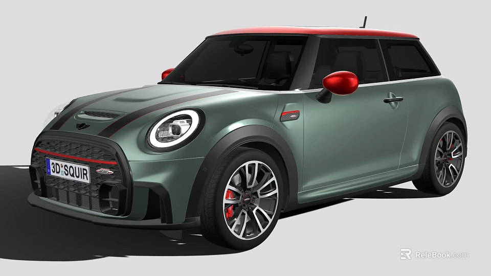 Green MINI Hatchback With Red Roof Black Accents Round Headlights And Sporty Wheels 3d model 
